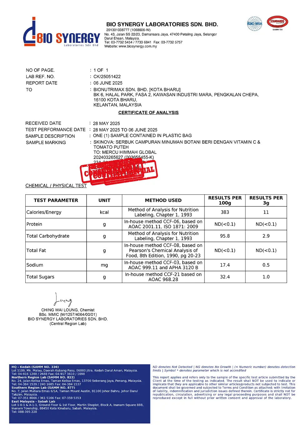 Gambar sijil lab test Skiynova